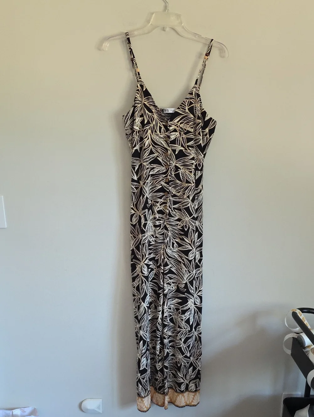 ZARA | linen printed jumpsuit brown Cream tropical leaf Sz M